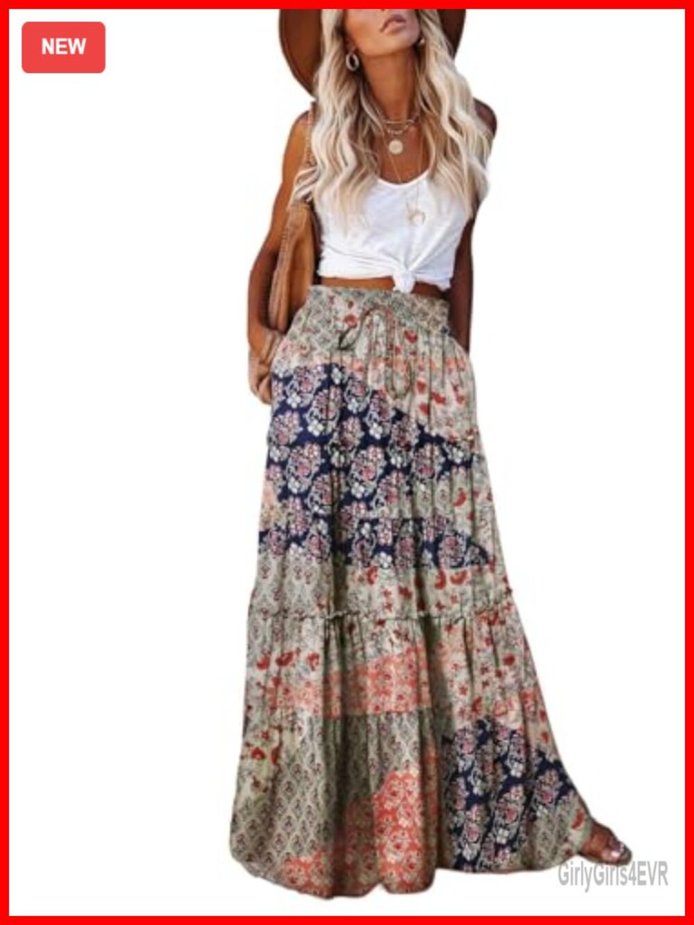 Womens Boho Flowy Maxi Skirt with Pockets 100% Polyester Summer Beach